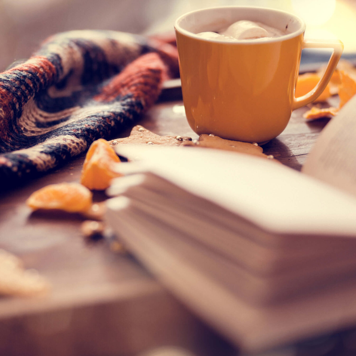 tasse de chocolat chaud livre et mandarine